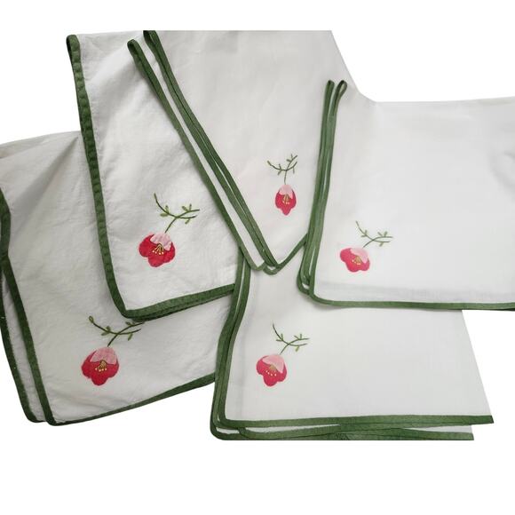 Lot 5 White Flower Embroidered Cloth Napkins Sage Green Hippy - Picture 1 of 4